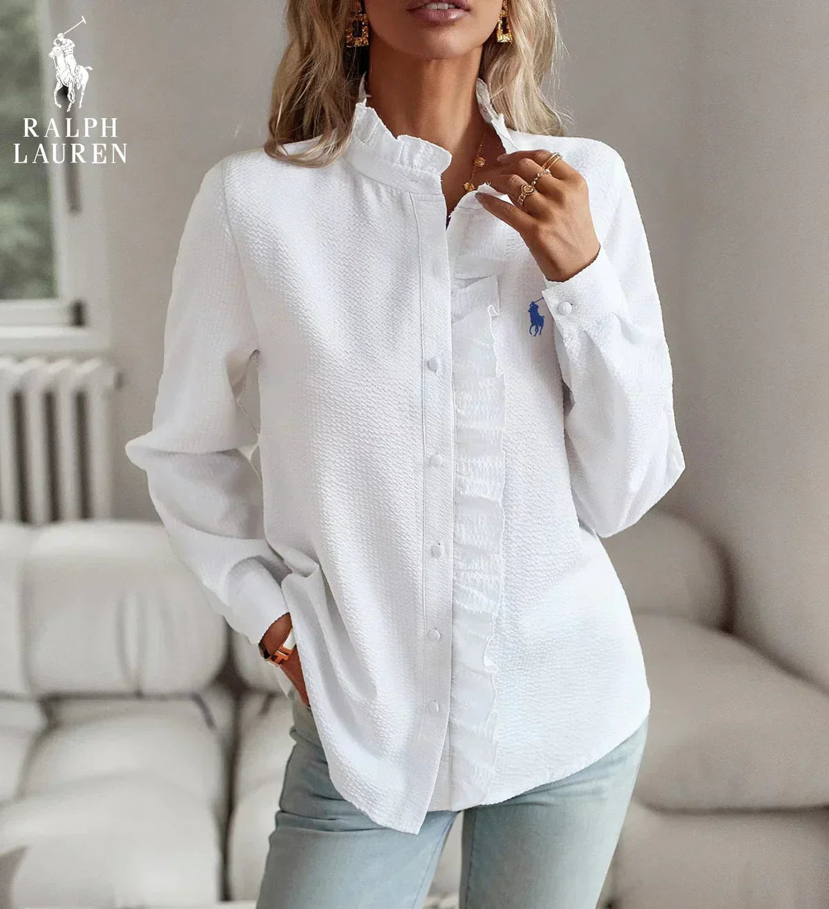 R. Ꮮаᴜгеn Camisa de Botones con Volantes – Ajuste Suave y Texturizado