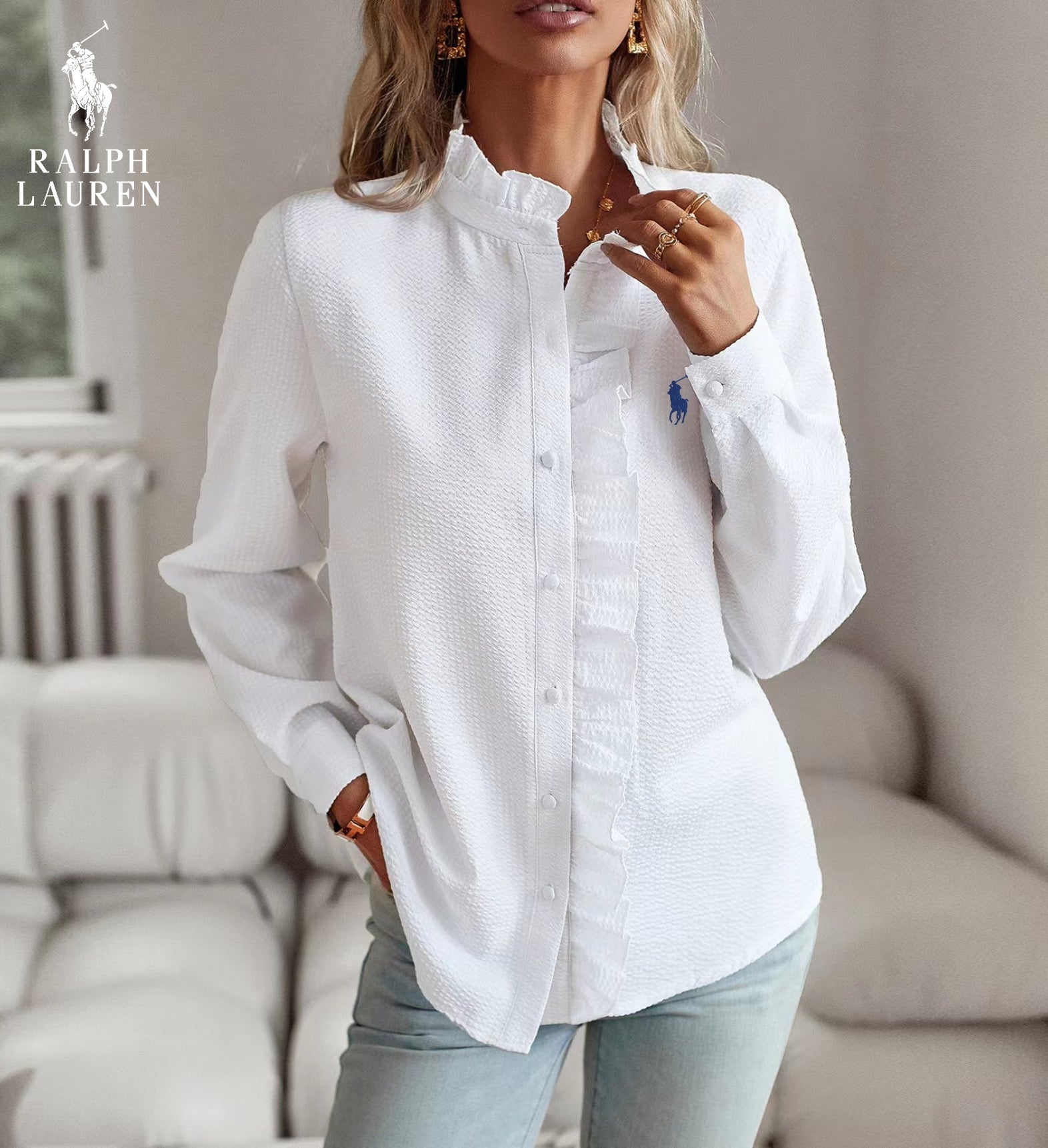 Blusa R. Lauren con Volantes – Estructura Suave y Clásico Botón