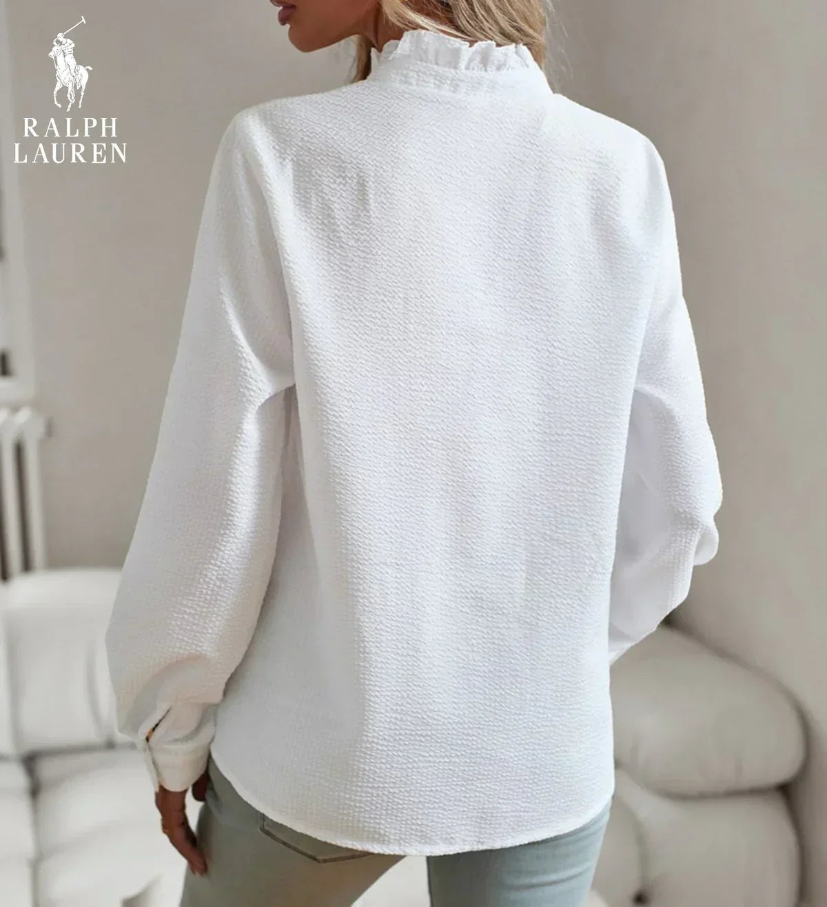 R. Ꮮаᴜгеn Camisa de Botones con Volantes – Ajuste Suave y Texturizado