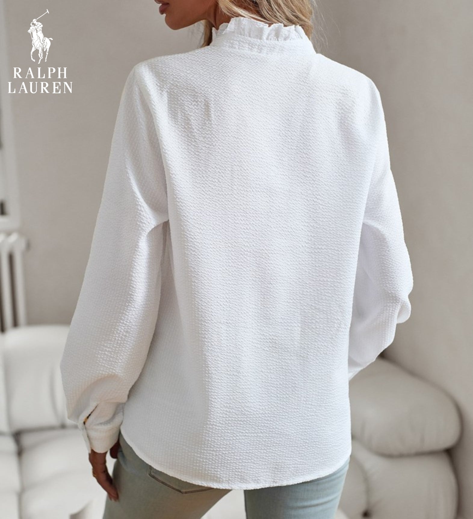 Blusa R. Lauren con Volantes – Estructura Suave y Clásico Botón