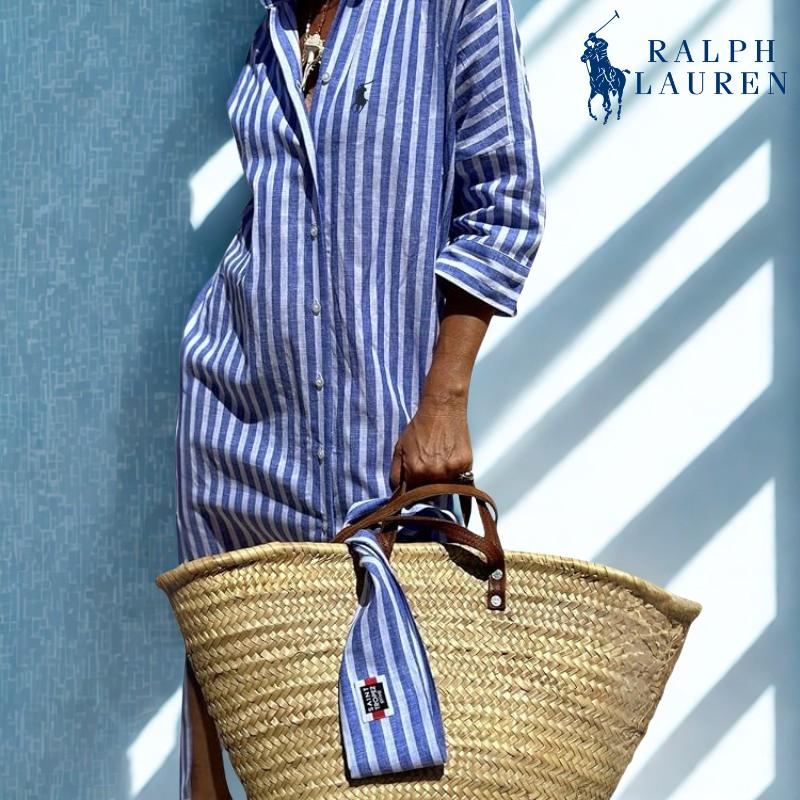 R. Ꮮаᴜгеn Vestido Camisero a Rayas con Cintura Ajustable