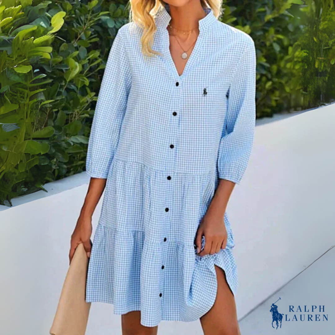 Vestido de Verano Chemise Gingham con Escote en V y Botones de R. Ꮮаᴜгеn + Sombrero de Sol R. Ꮮаᴜгеn Gratis