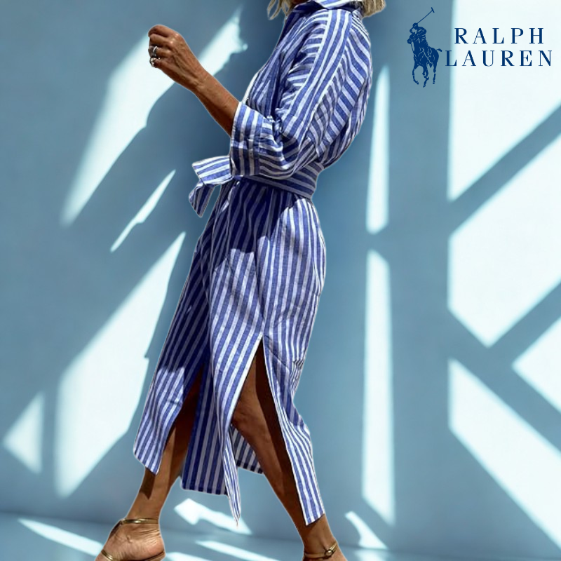 R. Ꮮаᴜгеn Vestido Camisero a Rayas con Cintura Ajustable