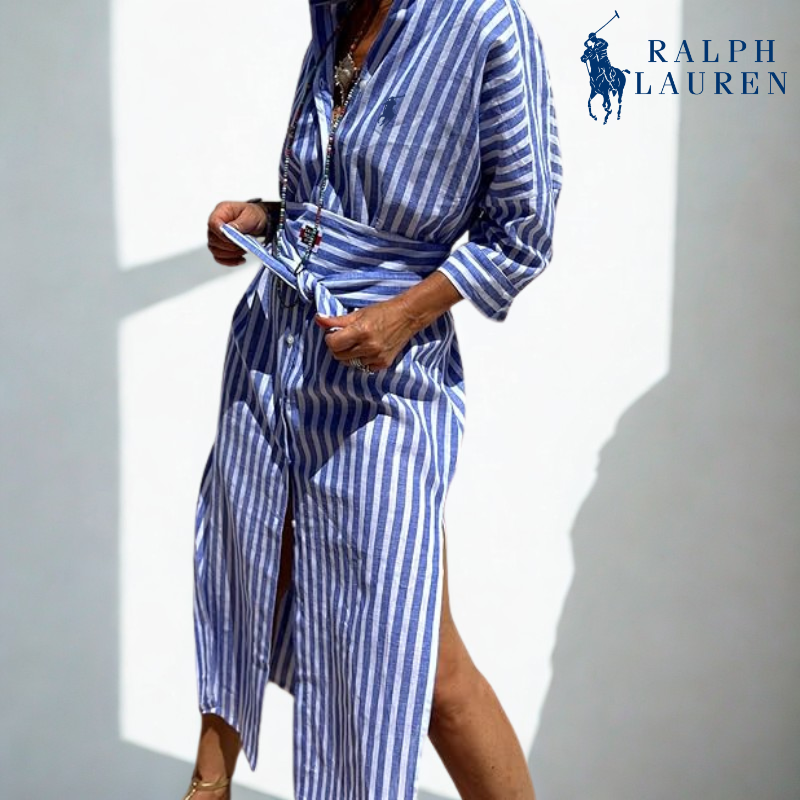 R. Ꮮаᴜгеn Vestido Camisero a Rayas con Cintura Ajustable
