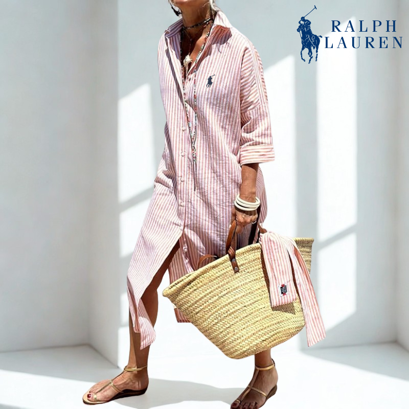 R. Ꮮаᴜгеn Vestido Camisero a Rayas con Cintura Ajustable