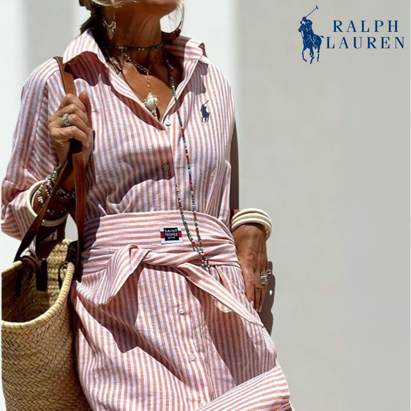 R. Ꮮаᴜгеn Vestido Camisero a Rayas con Cintura Ajustable