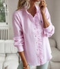 R. Ꮮаᴜгеn Camisa de Botones con Volantes – Ajuste Suave y Texturizado
