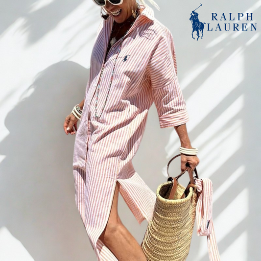R. Ꮮаᴜгеn Vestido Camisero a Rayas con Cintura Ajustable