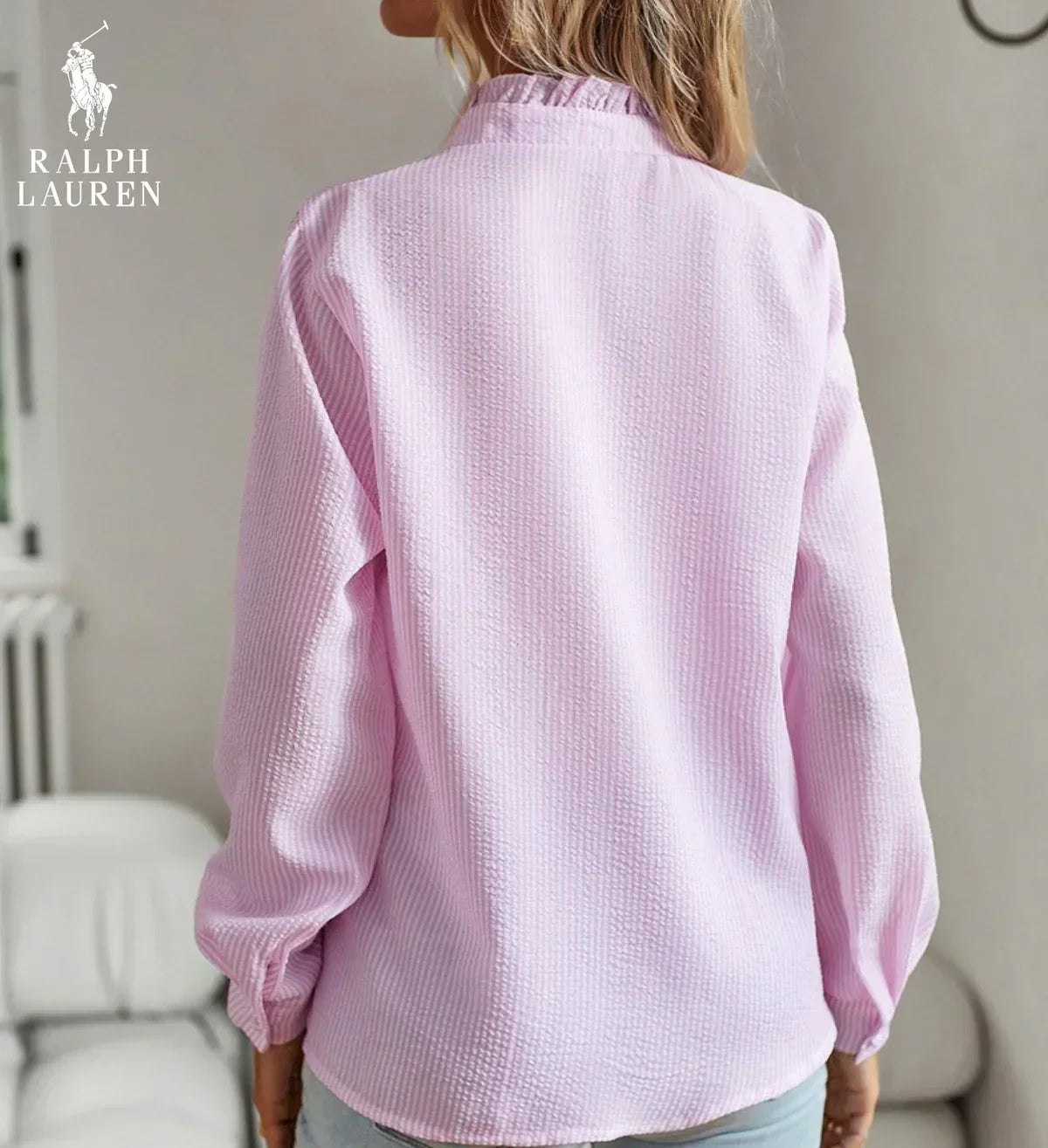 R. Ꮮаᴜгеn Camisa de Botones con Volantes – Ajuste Suave y Texturizado