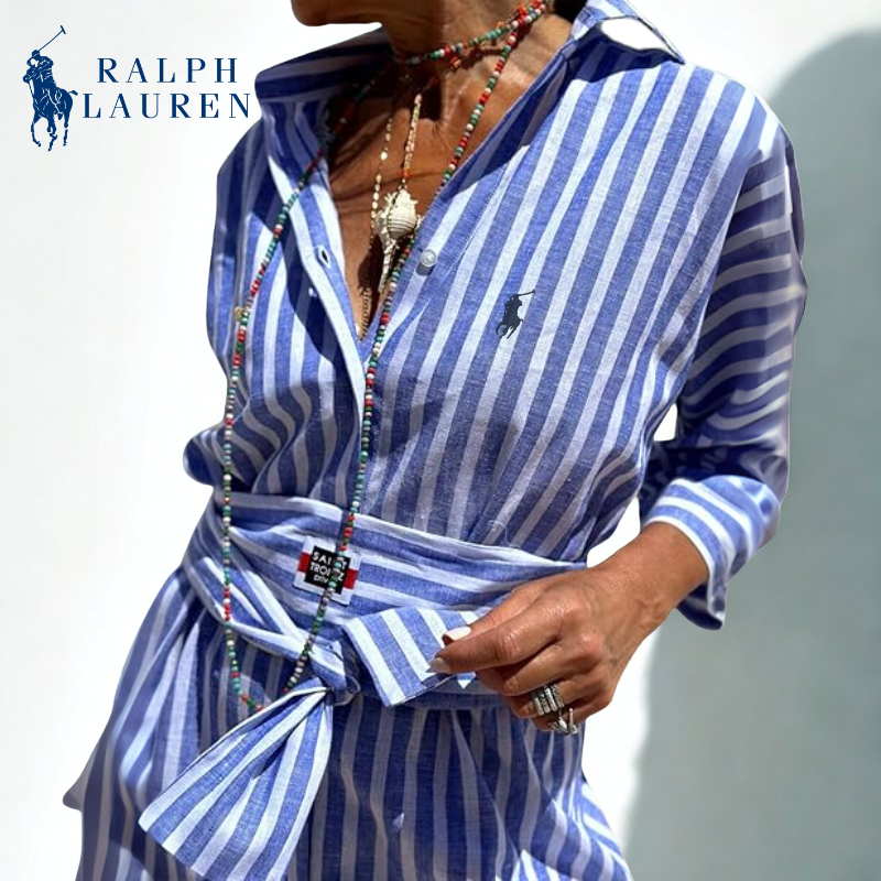 R. Ꮮаᴜгеn Vestido Camisero a Rayas con Cintura Ajustable